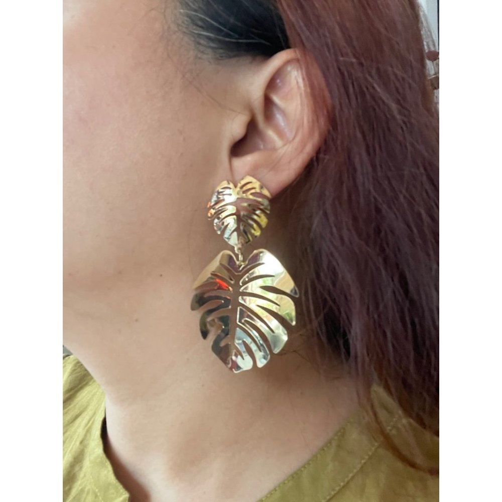 Boho Philodendron Leaf Plant Dangle Statement Earrings Gold